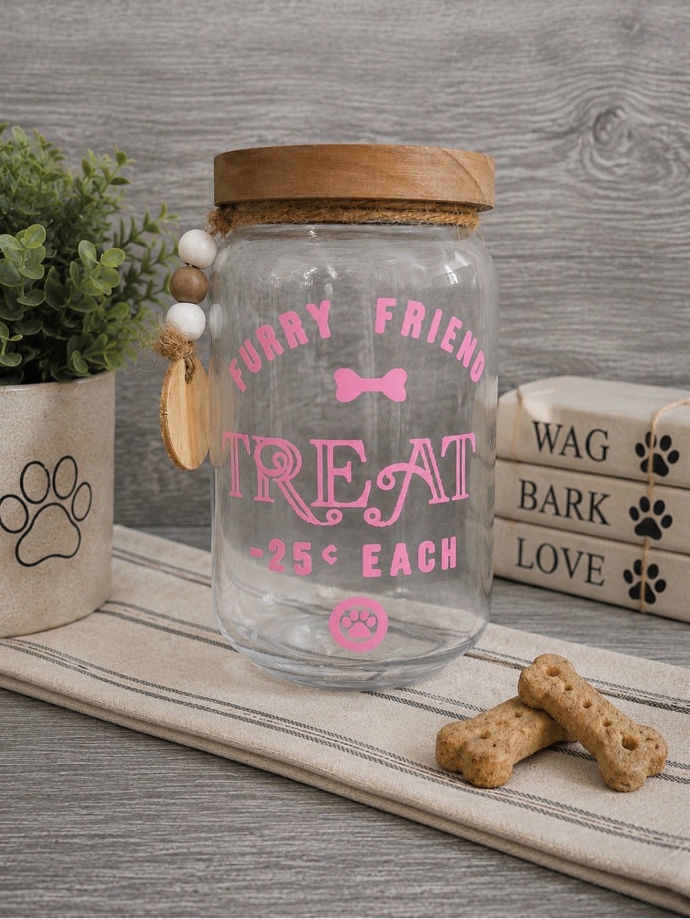 Farmhouse Glass Dog Treat Jar with Wooden Lid | Pink Lettering | Brand New